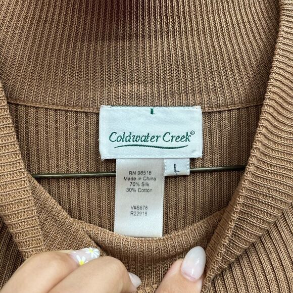 Coldwater Creek Tan Ribbed silk cotton blend mock Top - Picture 2 of 2